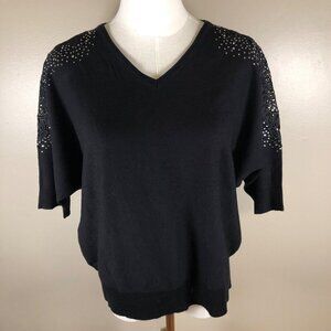 LIV Milano Rhinestone Studded Lace Short Sleeve Knit V-Neck Black Sweater Size L